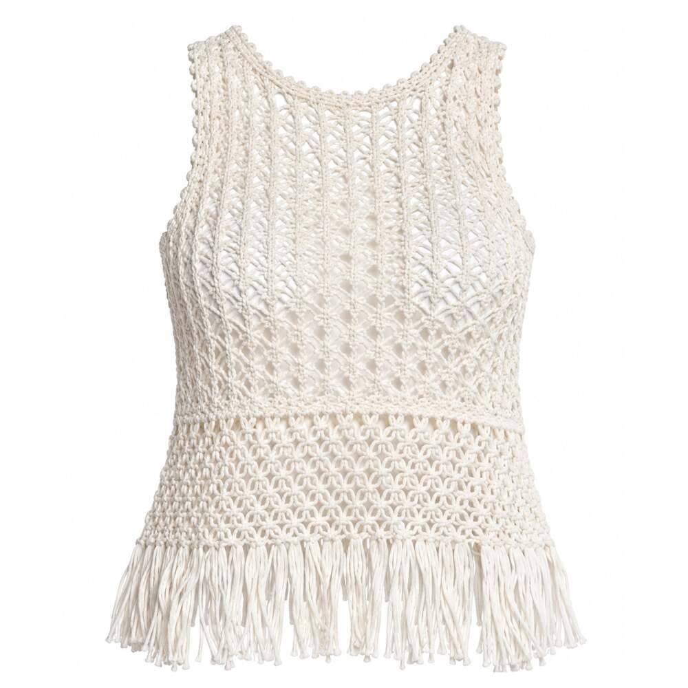 Polo Ralph Lauren Pointelle-Knit Macramé-Fringe Trimmed Sleeveless Cream Top